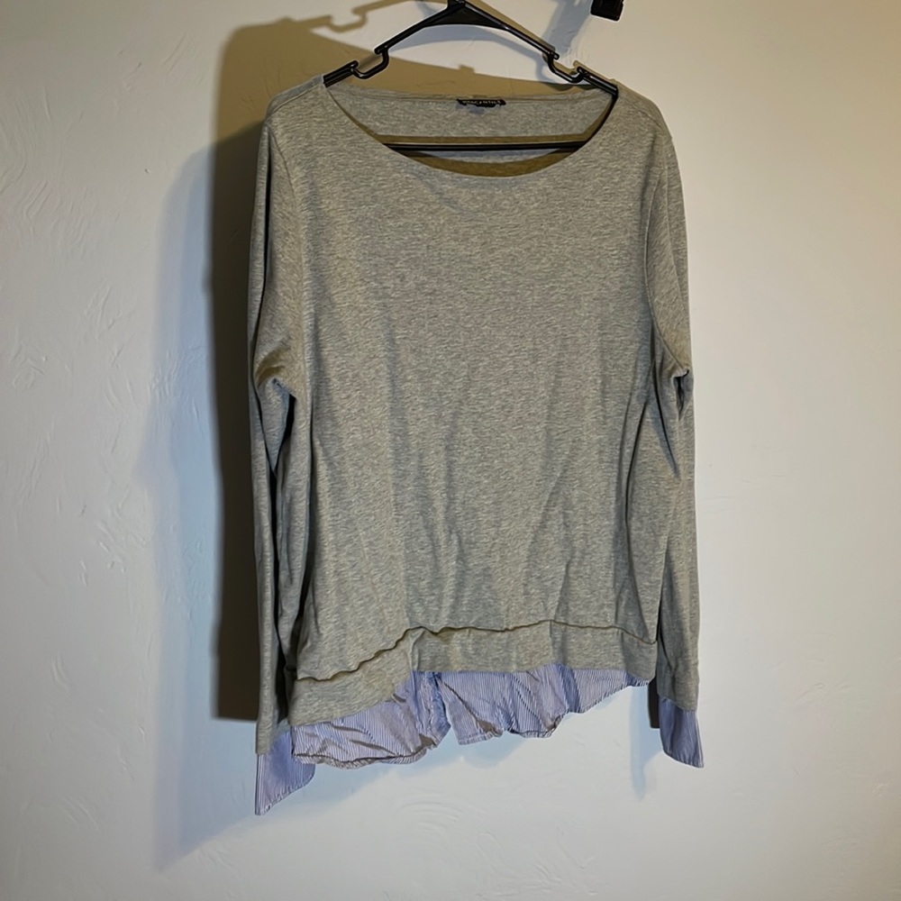 JCrew boat neck faux layered gray sweater with blue strip button up